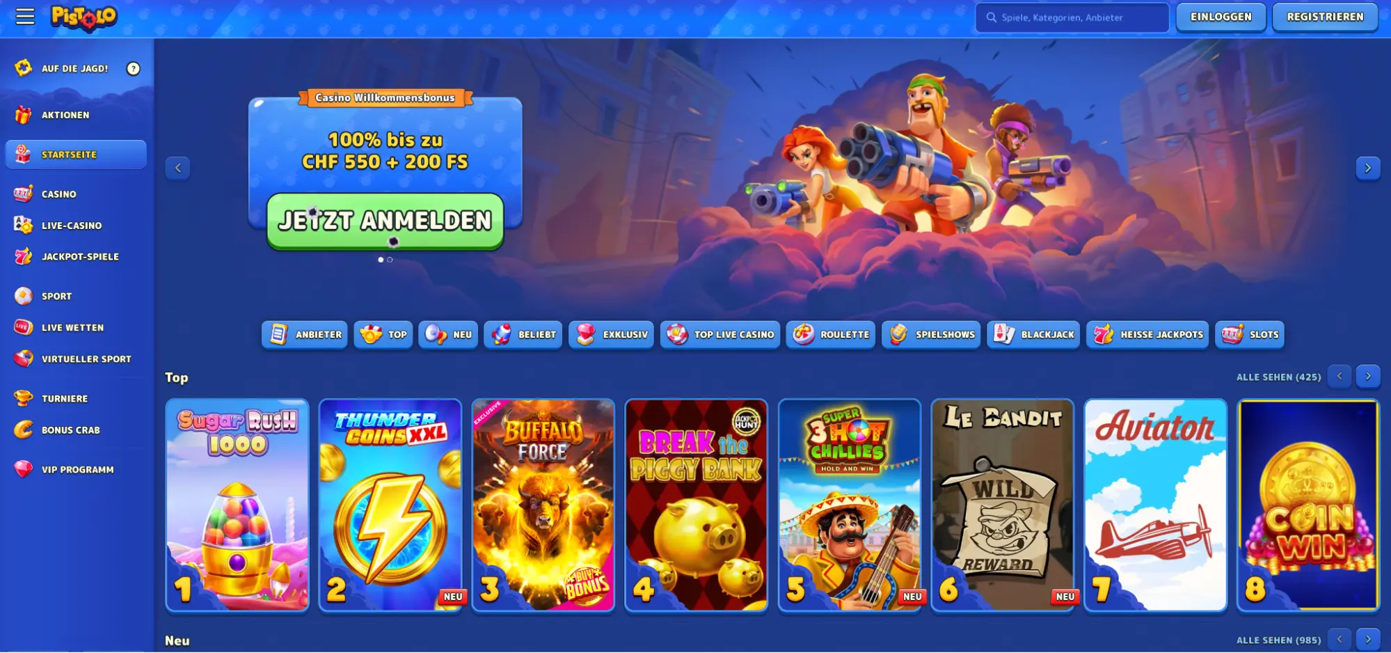 Pistolo Casino Schweiz – Startseite mit Spielauswahl und Anmeldung Pistolo Casino Startseite mit Spielen und Aktionen